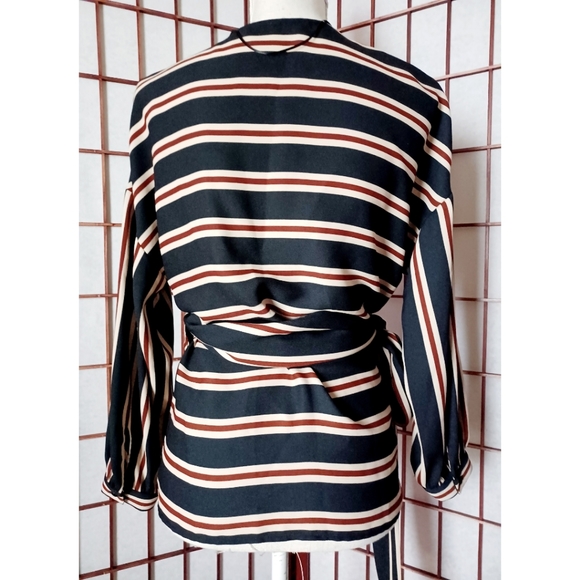 Zara Black Striped V-Neck Long Sleeve True Wrap Blouse - Picture 7 of 16